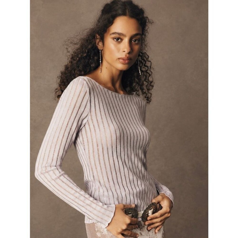 Pilcro Sz L Lavender Metallic Ribbed Boat Neck Long Sleeve Top NWT
